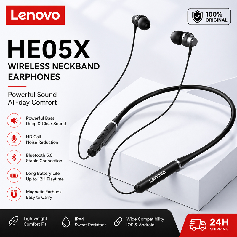 100% Origial Lenovo HE05X Blue - Magnetic Neckband Sports Earphones review and price
